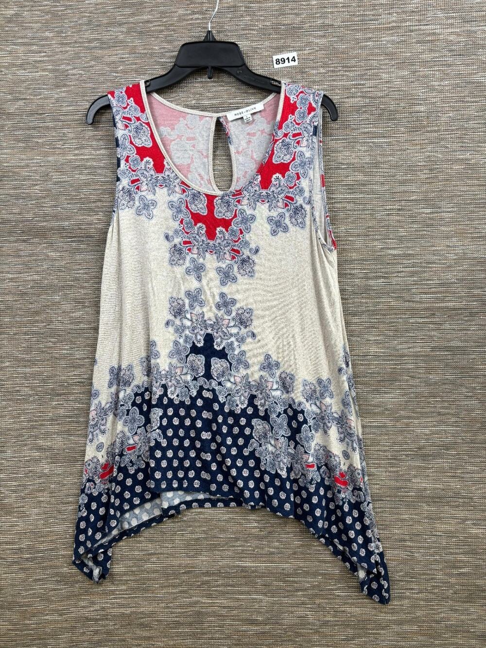 Rose & Olive Floral Paisley Chiffon Blouse Womens Size L White Multi Sleeveless